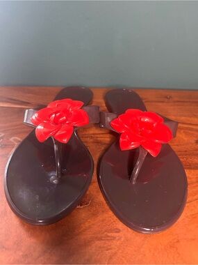 Avon Brown Jelly Thong Sandals with Red Floral Detail